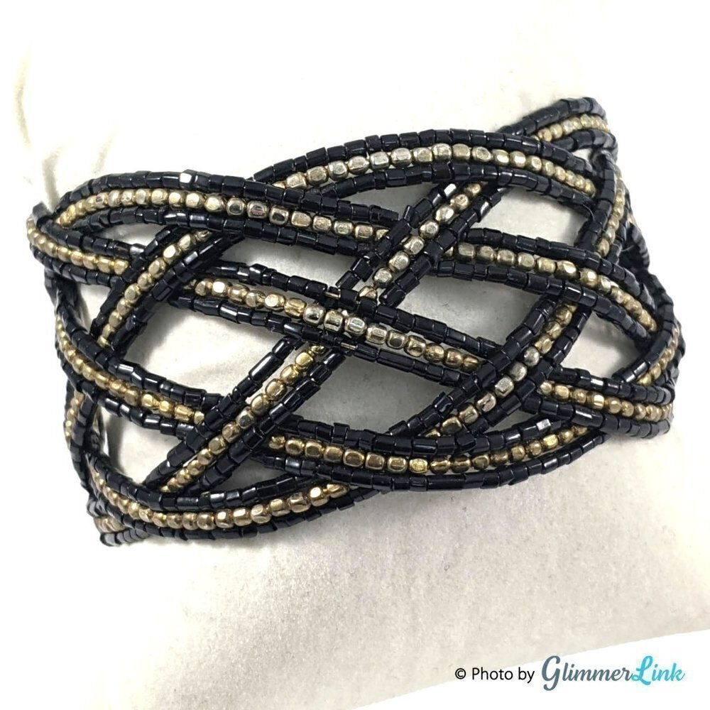 Bohemian Black & Gold Tone Braided Seed Bead Cuff Bracelet